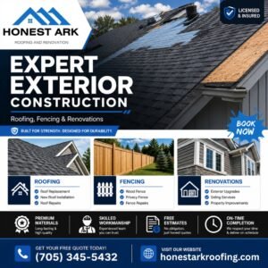 Honest Ark Roofing and Renovation offering professional roofing, fencing, and exterior renovation services including roof replacement, fence installation, siding upgrades, and home improvement solutions.
